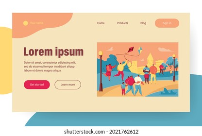 Families and friends spending spring weekend in city park. Flat vector illustration. Cartoon couples with kids enjoying holiday, walking, playing outdoors. Leisure activity, nature, family concept