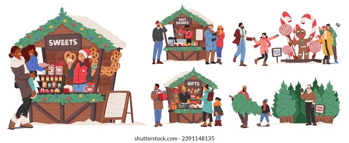 Families Gather At A Festive Christmas Fair, Exploring Charming Stalls Adorned With Twinkling Lights, Selling Handmade Crafts, Delicious Treats, And Holiday Decorations. Cartoon Vector Illustration