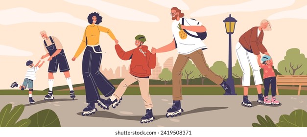 Familien genießen Freude auf Roller Blades im Sommerpark, Lachen Echoing, Wärme umarmen. Geteilte Momente