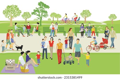 Families have a rest in the park, illustration