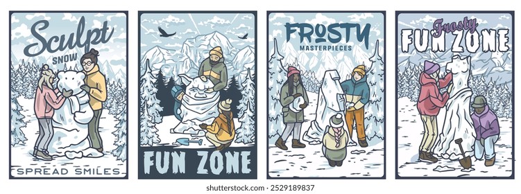 Families having fun building snowmen in a mountain resort, enjoying winter holidays together. Snow covered landscape with pine trees, creating joyful memories
