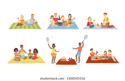 Families Having Picnic In Park Set, People Sitting On Plaids, Eating Relaxing, Playing Badminton, Happy Couples and Kids Spending Time Together Vector Illustration