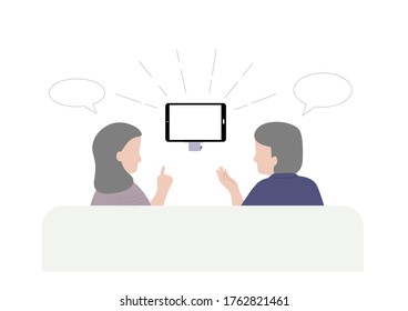 Families husband and wife watching and talking about news with their tablet at home. flat vector.