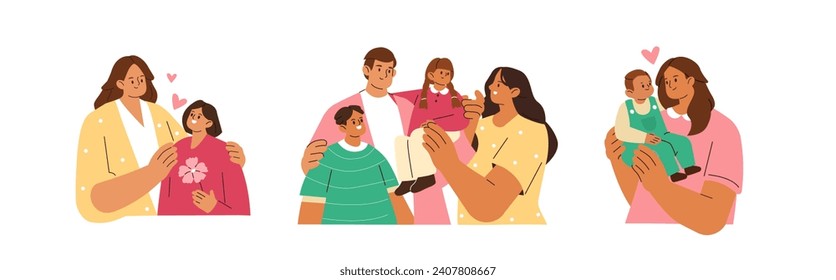 Se establecen ilustraciones familiares. Colección de padres abrazan, apoyan y aman a sus hijos. Madre, padre e hijos juntos. Feliz concepto familiar. Ilustración del vector aislada en fondo blanco 