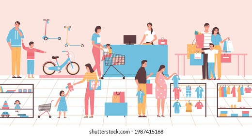 Families with kids buying goods at children store flat vector illustration