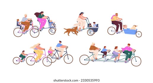 Families, kids, children cycling together. People riding tandem bicycle, cargo bike, multiple-seats and multi-pedal transport set. Flat graphic vector illustrations isolated on white background