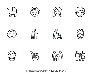 Families line icon set. Set of line icons on white background. Family concept. Girl, stroller, old man. Vector illustration can be used for topics like relationships, family, sociality