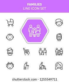Families line icon set. Set of line icons on white background. Family concept. Girl, stroller, old man. Vector illustration can be used for topics like relationships, family, sociality