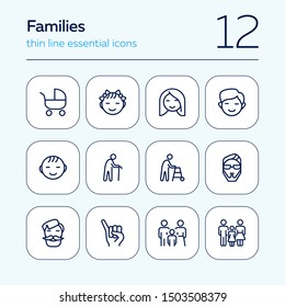 Families line icon set. Set of line icons on white background. Family concept. Girl, stroller, old man. Vector illustration can be used for topics like relationships, family, sociality