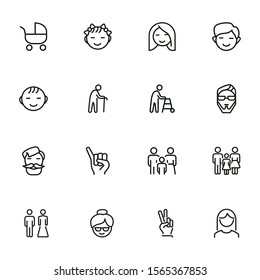 Families line icon set. Set of line icons on white background. Family concept. Girl, stroller, old man. Vector illustration can be used for topics like relationships, family, sociality