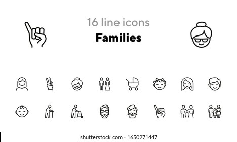 Families line icon set. Set of line icons on white background. Family concept. Girl, stroller, old man. Vector illustration can be used for topics like relationships, family, sociality