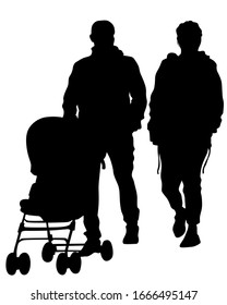 Families with little child walking on street. Isolated silhouettes of people on white background