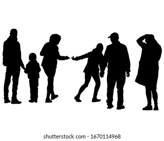 Families with little child walking on street. Isolated silhouettes of people on white background