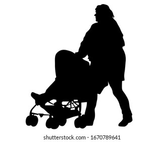 Families with little child walking on street. Isolated silhouettes of people on white background