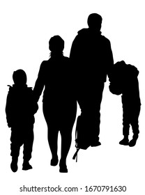 Families with little child walking on street. Isolated silhouettes of people on white background