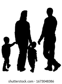 Families with little child walking on street. Isolated silhouettes of people on white background
