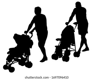 Families with little child walking on street. Isolated silhouettes of people on white background