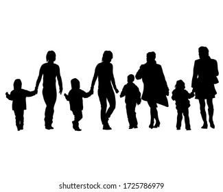 Families with little child walking on street. Isolated silhouettes of people on white background