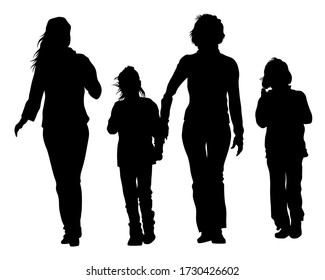 Families with little child walking on street. Isolated silhouettes of people on white background