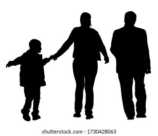 Families with little child walking on street. Isolated silhouettes of people on white background