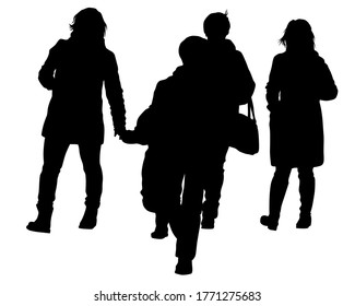 Families with little child walking on street. Isolated silhouettes of people on white background
