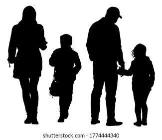 Families with little child walking on street. Isolated silhouettes of people on white background