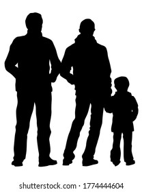 Families with little child walking on street. Isolated silhouettes of people on white background