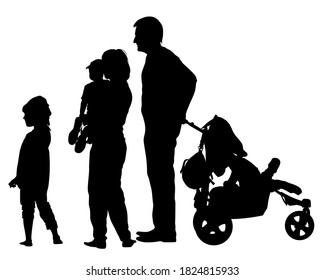 Families with little child walking on street. Isolated silhouettes of people on white background