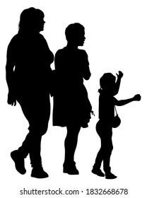 Families with little child walking on street. Isolated silhouettes of people on white background