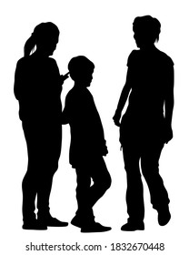 Families with little child walking on street. Isolated silhouettes of people on white background