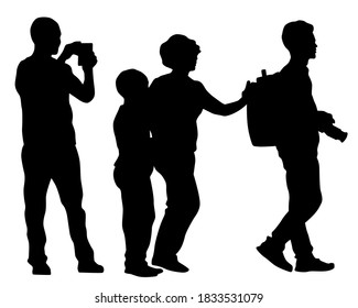 Families with little child walking on street. Isolated silhouettes of people on white background
