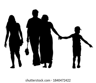 Families with little child walking on street. Isolated silhouettes of people on white background