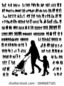 Families with little child walking on street. Isolated silhouettes of people on white background