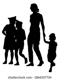 Families with little child walking on street. Isolated silhouettes of people on white background