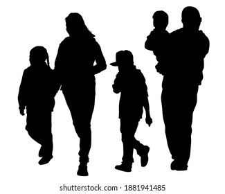 Families with little child walking on street. Isolated silhouettes of people on white background