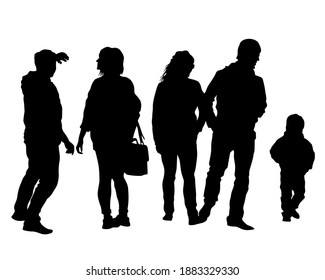 Families with little child walking on street. Isolated silhouettes of people on white background