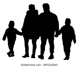 Families with little child walking on street. Isolated silhouettes of people on white background