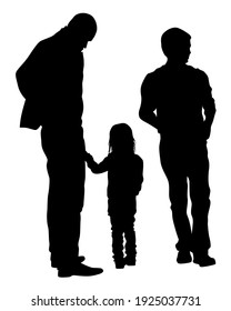 Families with little child walking on street. Isolated silhouettes of people on white background