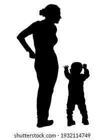 Families with little child walking on street. Isolated silhouettes of people on white background