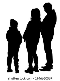 Families with little child walking on street. Isolated silhouettes of people on white background