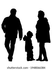 Families with little child walking on street. Isolated silhouettes of people on white background