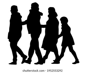 Families with little child walking on street. Isolated silhouettes of people on white background