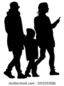 Families with little child walking on street. Isolated silhouettes of people on white background