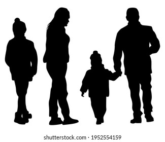 Families with little child walking on street. Isolated silhouettes of people on white background