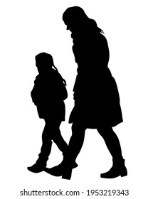 Families with little child walking on street. Isolated silhouettes of people on white background