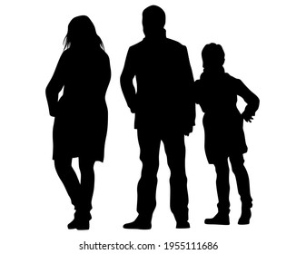 Families with little child walking on street. Isolated silhouettes of people on white background