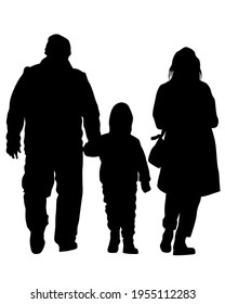 Families with little child walking on street. Isolated silhouettes of people on white background