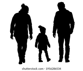 Families with little child walking on street. Isolated silhouettes of people on white background