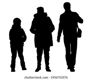 Families with little child walking on street. Isolated silhouettes of people on white background