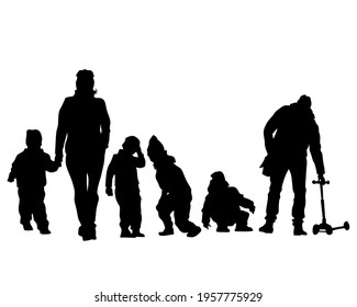 Families with little child walking on street. Isolated silhouettes of people on white background
